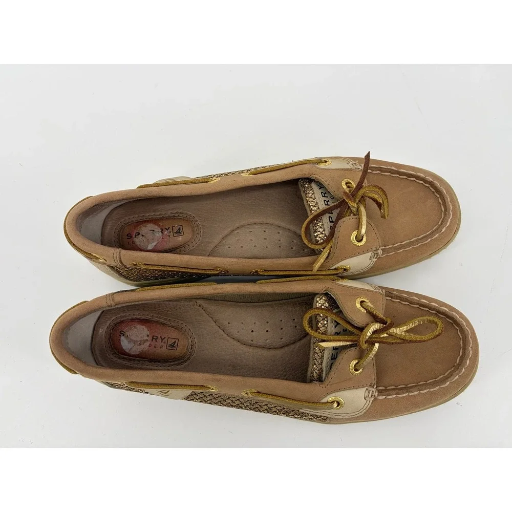 Sperry Angelfish, Tan/Gold Leather Glitter Boat Shoes, Women's Size 7, Pre-Owned